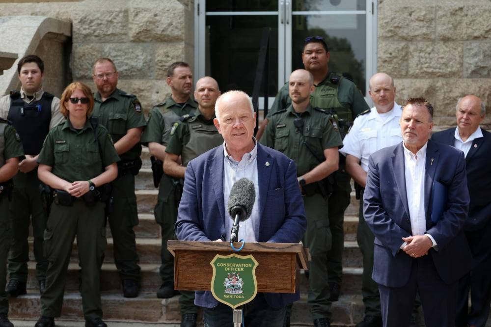 Natural Resources and Northern Development Minister Greg Nesbitt speaks during an announcement at the Manitoba Conservation Office in Brandon about the creation of a new centralized dispatch centre for Conservation Officers that will be based in the wheat city. (Tim Smith / The Brandon Sun)