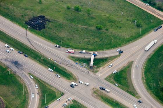 The site of a crash between a bus and a semi-trailer, which killed 15 seniors, on the Trans-Canada Highway north of Carberry. (Mikaela MacKenzie / Winnipeg Free Press)