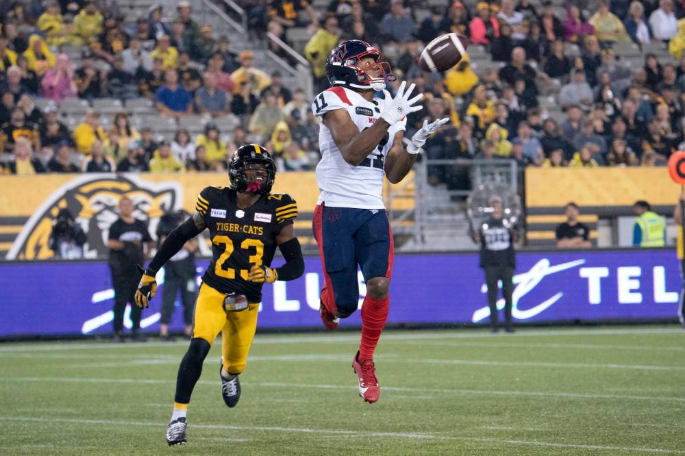 THE CANADIAN PRESS/Peter Power
Montreal Alouettes wide receiver Kaion Julien-Grant against the Hamilton Tiger Cats in Hamilton on Friday.