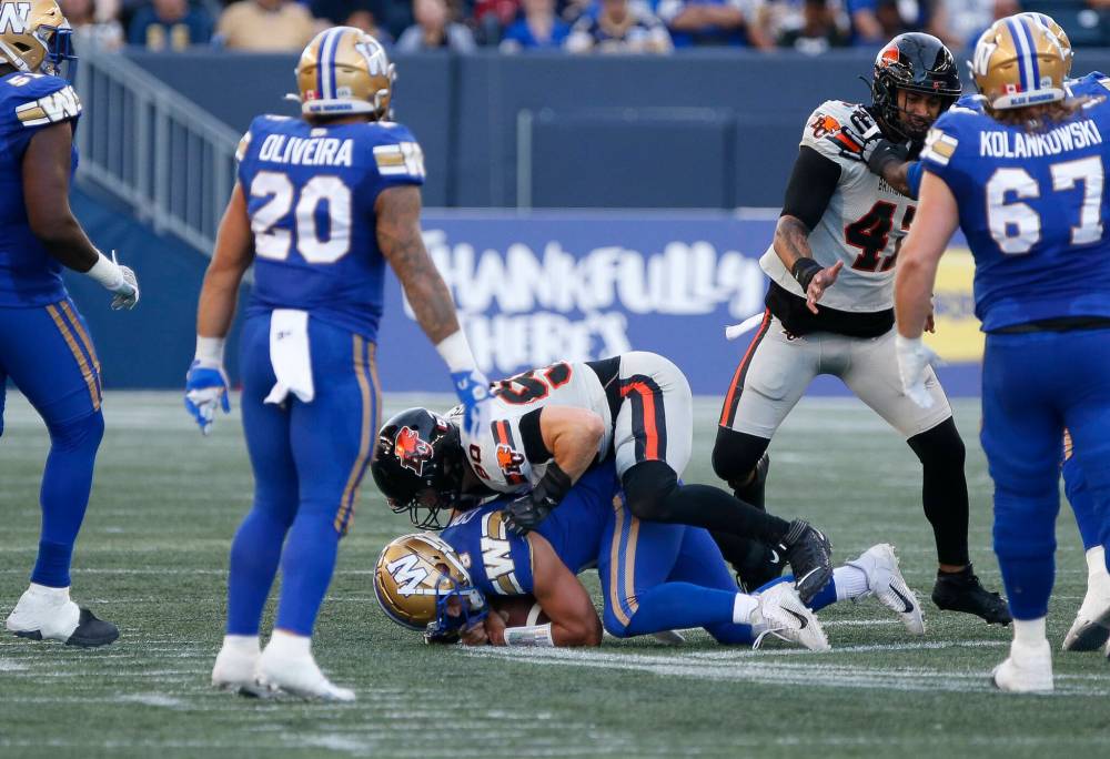THE CANADIAN PRESS/John Woods
Winnipeg Blue Bombers quarterback Zach Collaros was sacked seven times by the B.C. Lions in their 30-6 beat down of the Bombers last Thursday in Winnipeg.