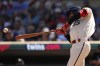 Minnesota Twins designated hitter Byron Buxton hits a single during the eighth inning of a baseball game against the Toronto Blue Jays, Saturday, May 27, 2023, in Minneapolis. (AP Photo/Abbie Parr)
