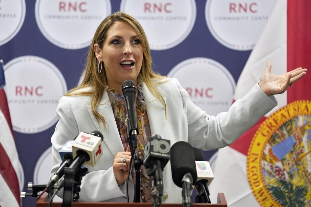 FILE - Republican National Committee chairman Ronna McDaniel speaks during a Get Out To Vote rally on Oct. 18, 2022, in Tampa, Fla. After years of criticizing mail voting and trying to ban so-called