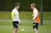 Manchester City's Jack Grealish, left, and Kevin De Bruyne train with teammates at a UEFA Champions League Media Day before the forthcoming Champion's League final, Manchester, England, Tuesday, June 6, 2023. Manchester City will play Inter Milan in the final of the Champion's League on Saturday June 10 in Istanbul. (AP Photo/Jon Super)