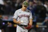 FILE - Cleveland Guardians relief pitcher James Karinchak (99) reacts after New York Mets' Pete Alonso hit a grand slam in the seventh inning of a baseball game Friday, May 19, 2023, in New York. Karinchak has been optioned to the minor leagues, Saturday, June 10, 2023, following his latest ineffective outing. (AP Photo/Frank Franklin II, File)