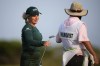 Daniela Holmqvist, of Sweden, reacts after putting on the seventh hole during the first round of the ShopRite LPGA Classic golf tournament, Friday, June 9, 2023, in Galloway, N.J. (AP Photo/Matt Slocum)