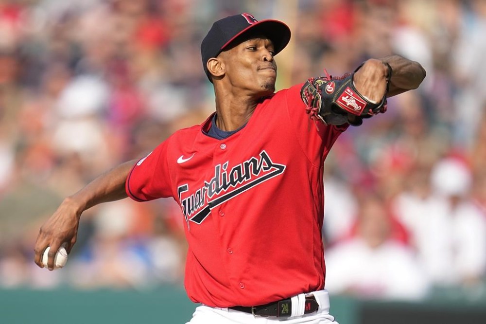 Cleveland Guardians' Triston McKenzie pitches in the first inning of a baseball game against the Houston Astros, Saturday, June 10, 2023, in Cleveland. (AP Photo/Sue Ogrocki)