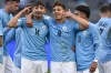 Israel's Ran Binyamin, center, celebrates scoring his side's opening goal against South Korea during the FIFA U-20 World Cup the third-place soccer match at the Diego Maradona stadium in La Plata, Argentina, Sunday, June 11, 2023. (AP Photo/Gustavo Garello)