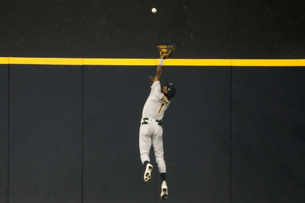Oakland Athletics' Esteury Ruiz makes a leaping catch on a ball hit by Milwaukee Brewers' Brian Anderson during the fourth inning of a baseball game Sunday, June 11, 2023, in Milwaukee. (AP Photo/Morry Gash)