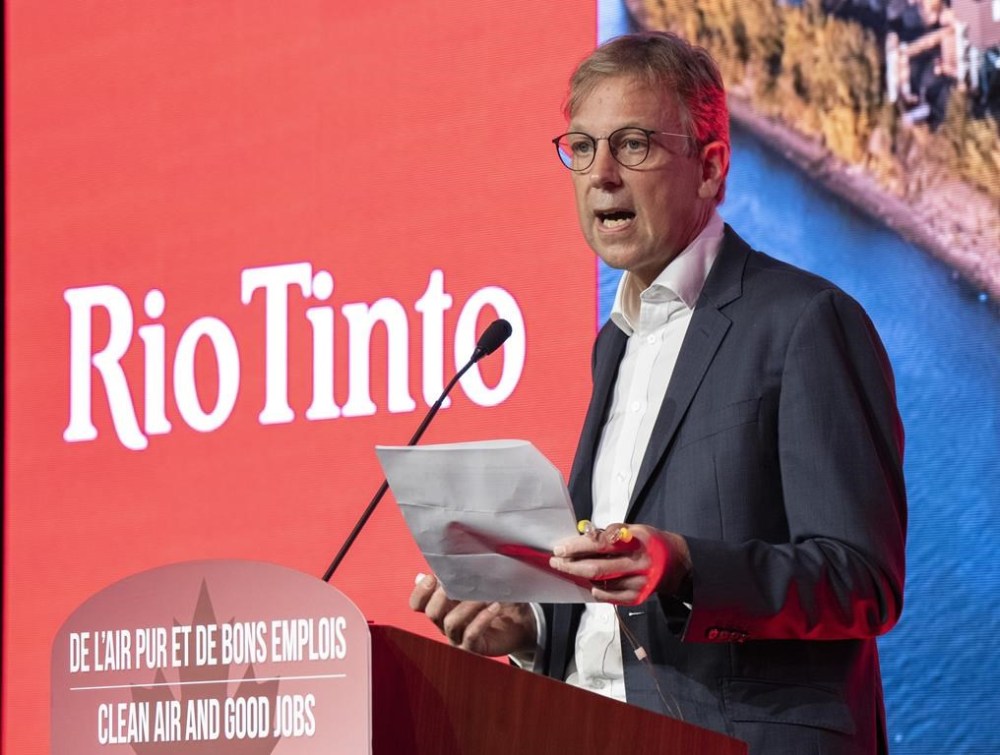 Rio Tinto chief executive Jakob Sausholm speaks to employees at the Rio Tinto Fer et Titane plant in Sorel, Que., Tuesday, Oct. 11, 2022. Rio Tinto says it will make a $1.4-billion investment to expand an aluminum smelter equipped with low-carbon technology in Saguenay, Que. THE CANADIAN PRESS/Ryan Remiorz
