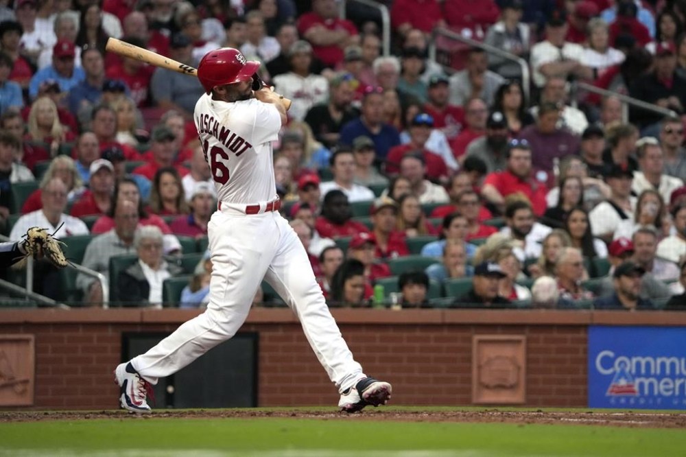 St. Louis Cardinals' Paul Goldschmidt follows through on a two-run home run during the sixth inning of a baseball game against the San Francisco Giants Monday, June 12, 2023, in St. Louis. (AP Photo/Jeff Roberson)