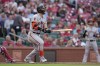 San Francisco Giants' Michael Conforto watches his two-run double during the first inning of a baseball game against the St. Louis Cardinals Tuesday, June 13, 2023, in St. Louis. (AP Photo/Jeff Roberson)
