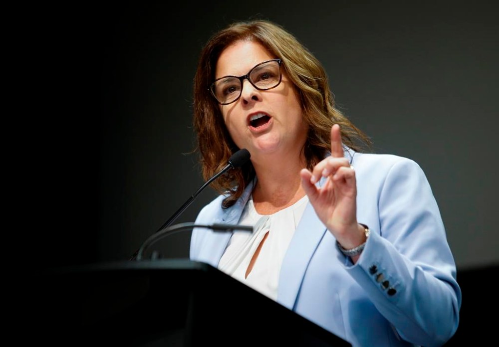 Manitoba PC leader and Premier Heather Stefanson speaks during the Progressive Conservative Party's annual general meeting at the convention centre in Winnipeg on Saturday, April 15, 2023. The union that represents Manitoba government workers says its members are suffering due to low staffing levels, tight budgets and the privatization of some services. THE CANADIAN PRESS/John Woods