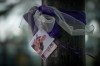 A photograph of a person who died due to an illicit drug overdose is tied to a tree with a purple ribbon by members of Moms Stop the Harm, in Vancouver, on Tuesday, August 16, 2022. THE CANADIAN PRESS/Darryl Dyck