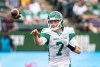 Saskatchewan Roughriders quarterback Trevor Harris (7) makes the throw against the Edmonton Elks during first half CFL action in Edmonton, Alta., on Sunday June 11, 2023. He might be ailing somewhat, but Harris is expected to play Friday night in the CFL team's home opener. THE CANADIAN PRESS/Jason Franson.