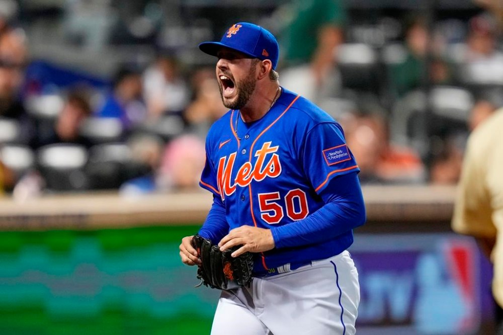 New York Mets relief pitcher Dominic Leone reacts after striking out New York Yankees' Josh Donaldson during the 10th inning of a baseball game Wednesday, June 14, 2023, in New York. (AP Photo/Frank Franklin II)