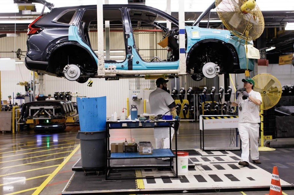 A general view of the Honda CRV production line is shown during a tour of a Honda manufacturing plant in Alliston, Ont., Wednesday, April 5, 2023. Statistics Canada says manufacturing sales rose 0.3 per cent to $72.3 billion in April, helped higher by gains in motor vehicle parts and petroleum and coal products. THE CANADIAN PRESS/Cole Burston