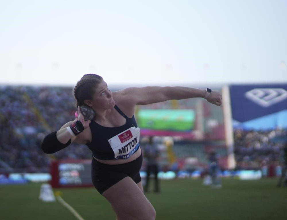 Sarah Mitton, of Canada, makes an attempt in the Women shot put at a Diamond League athletics meet in Rabat, Morocco, Sunday, May 28, 2023. Mitton won gold in women's shot put on Thursday at the Oslo Diamond League track and field meet. THE CANADIAN PRESS/AP-Mosa'ab Elshamy