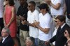 Football players Kylian Mbappe, center left, and Zlatan Ibrahimovic applaud at the end of the final match of the French Open tennis tournament between Serbia's Novak Djokovic and Norway's Casper Ruud at the Roland Garros stadium in Paris, Sunday, June 11, 2023. (AP Photo/Aurelien Morissard)