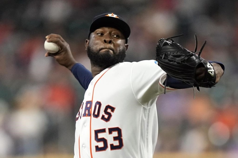 Houston Astros starting pitcher Cristian Javier throws during the first inning of a baseball game against the Washington Nationals Thursday, June 15, 2023, in Houston. (AP Photo/David J. Phillip)