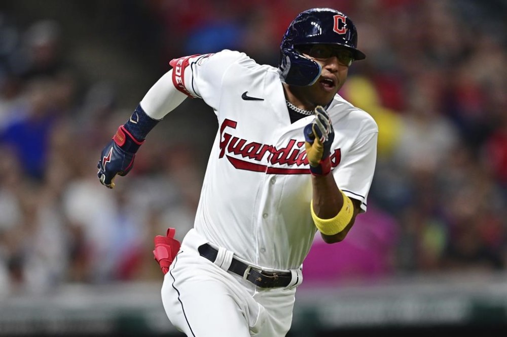 FILE - Cleveland Guardians' Richie Palacios runs after hitting a double during the seventh inning of a baseball game against the Seattle Mariners, Sept. 2, 2022, in Cleveland. The Guardians traded utilityman Palacios to the St. Louis Cardinals, Friday, June 16, 2023, and received $100,000 in return. (AP Photo/David Dermer, File)