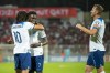 England's Trent Alexander Arnold, left, celebrates with his teammates after scoring his side's second goal during the Euro 2024 group C qualifying soccer match between Malta and England at the National stadium in Ta' Qali, near Valletta, Malta, Friday, June 16, 2023. (AP Photo/Rene Rossignaud)