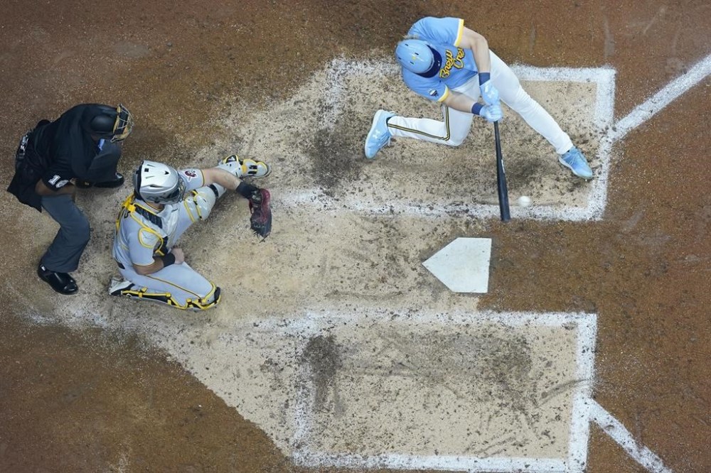 Milwaukee Brewers' Joey Wiemer hits a home run during the sixth inning of a baseball game against the Pittsburgh Pirates Friday, June 16, 2023, in Milwaukee. (AP Photo/Morry Gash)