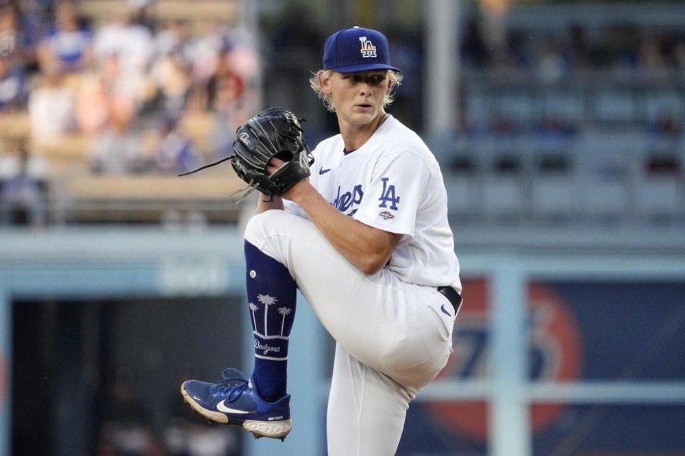 Los Angeles Dodgers starting pitcher Emmet Sheehan throws to the plate during the first inning of a baseball game against the San Francisco Giants Friday, June 16, 2023, in Los Angeles. (AP Photo/Mark J. Terrill)