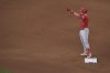 Los Angeles Angels' Hunter Renfroe celebrates on second after hitting a double during the fourth inning of a baseball game against the Kansas City Royals Friday, June 16, 2023, in Kansas City, Mo. (AP Photo/Charlie Riedel)