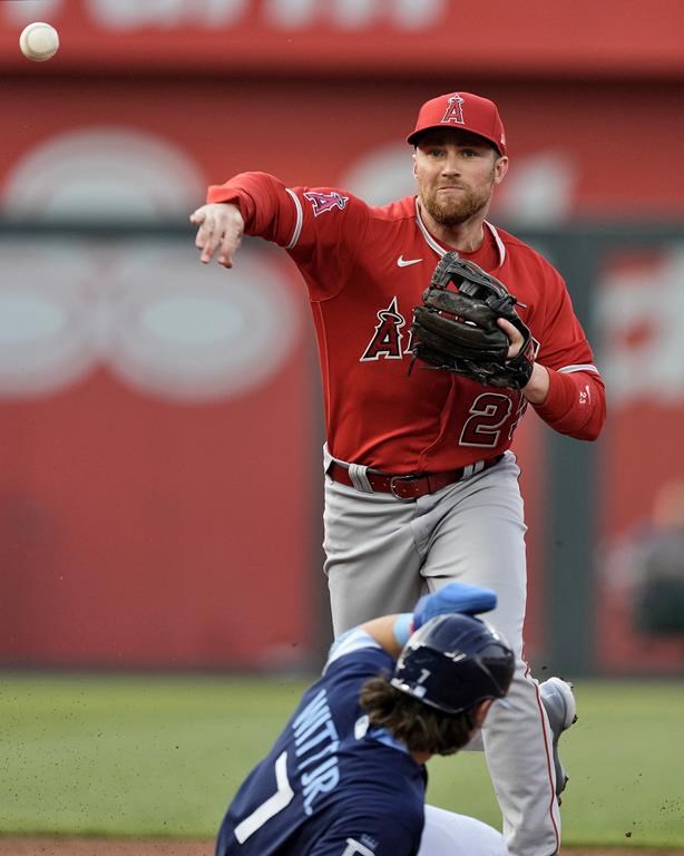 Los Angeles Angels second baseman Brandon Drury (23) throws to first for the double play hit into by Kansas City Royals' Edward Olivares after forcing Bobby Witt Jr. (7) out at second during the first inning of a baseball game Friday, June 16, 2023, in Kansas City, Mo. (AP Photo/Charlie Riedel)