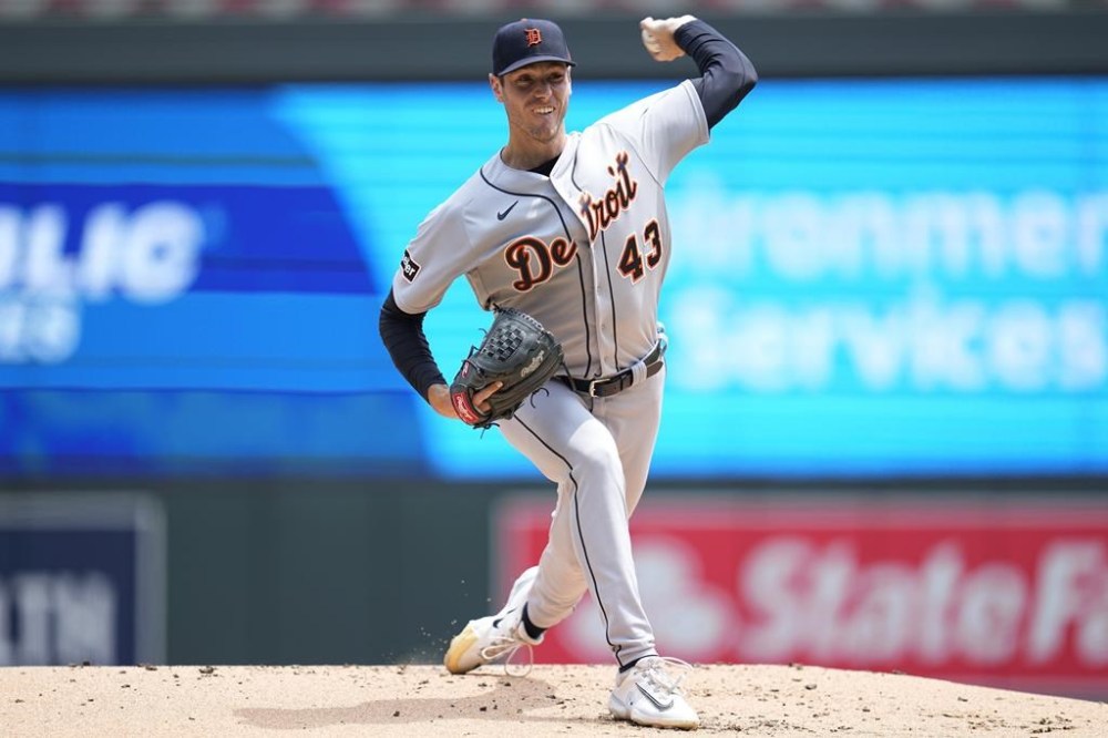 Detroit Tigers starting pitcher Joey Wentz (43) delivers during the first inning of a baseball game against the Minnesota Twins, Saturday, June 17, 2023, in Minneapolis. (AP Photo/Abbie Parr)
