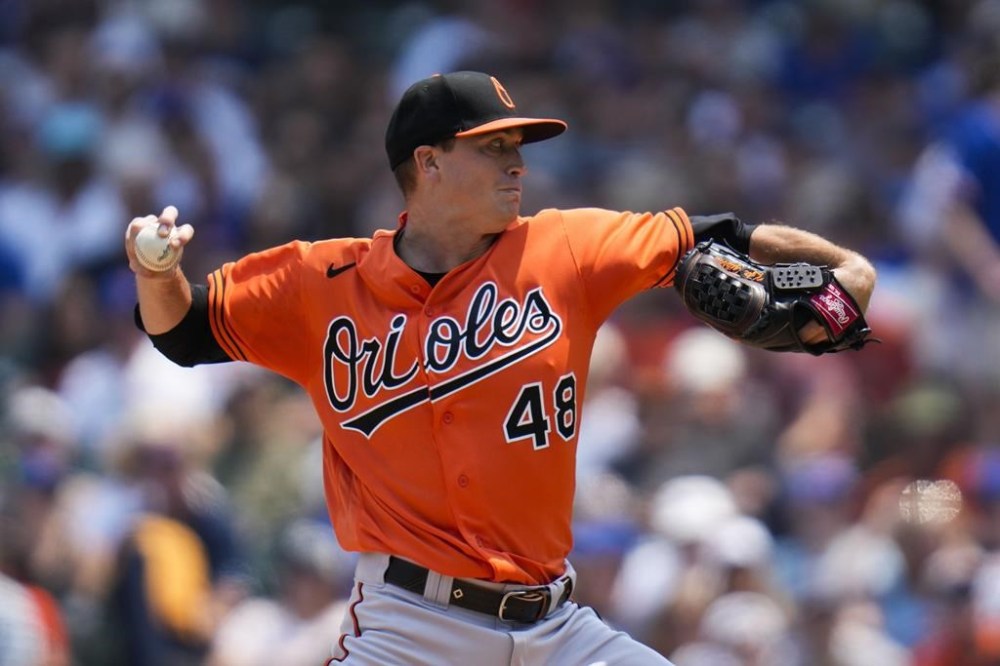 Baltimore Orioles starting pitcher Kyle Gibson throws during the first inning of a baseball game against the Chicago Cubs Saturday, June 17, 2023, in Chicago. (AP Photo/Erin Hooley)
