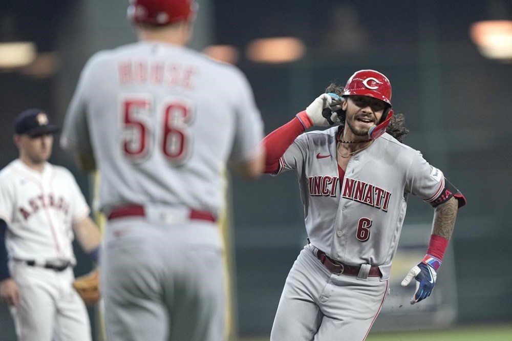 Cincinnati Reds' Jonathan India (6) celebrates after hitting a two-run home run against the Houston Astros during the first inning of a baseball game Saturday, June 17, 2023, in Houston. (AP Photo/David J. Phillip)