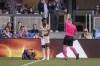 Portland Timbers midfielder Santiago Moreno, center, is shown a yellow card by referee Alex Chilowicz, right, after he fouled San Jose Earthquakes midfielder Judson, left, during the first half of an MLS soccer match in San Jose, Calif., Saturday, June 17, 2023. (AP Photo/John Hefti)