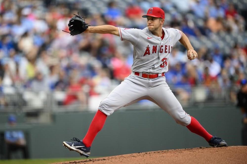 Los Angeles Angels starting pitcher Tyler Anderson throws to a Kansas City Royals batter during the first inning of a baseball game, Sunday, June 18, 2023, in Kansas City, Mo. (AP Photo/Reed Hoffmann)