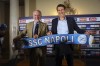 Rudi Garcia, right, new head coach of SSC Napoli and the club's president Aurelio De Laurentiis, left, pose for the media during a press conference in Castelvolturno near Naples, Italy, Monday, June 19, 2023. (Alessandro Garofaloi/LaPresse via AP)
