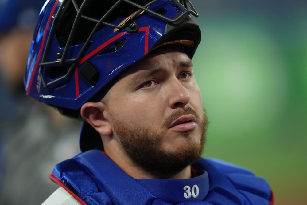 Toronto Blue Jays catcher Alejandro Kirk is seen before American League MLB baseball action against the Houston Astros, in Toronto on Thursday, June 8, 2023. Kirk was placed on the 10-day injured list Monday with a left hand laceration after being hit by a pitch in the second inning of Toronto's 11-7 loss to the Texas Rangers on Sunday. THE CANADIAN PRESS/Chris Young