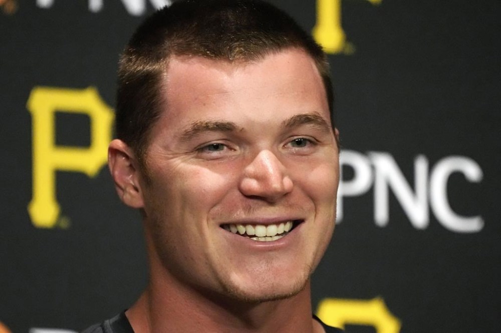 Pittsburgh Pirates 2021 first round draft pick Henry Davis talks with reporters, after being called up from AAA Indianapolis, before a baseball game against the Chicago Cubs in Pittsburgh, Monday, June 19, 2023. (AP Photo/Gene J. Puskar)