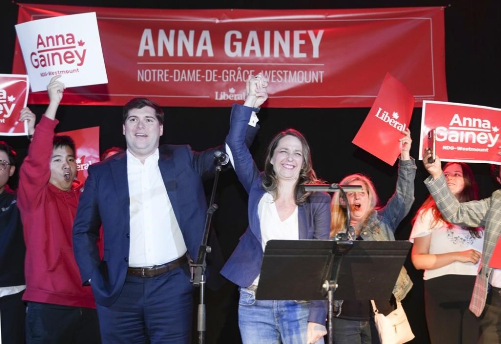 Liberal candidate Anna Gainey addresses her supporters as she leads the federal by-election in the Notre-Dame-de-Grace-Westmount riding Monday, June 19, 2023 in Montreal. THE CANADIAN PRESS/Christinne Muschi