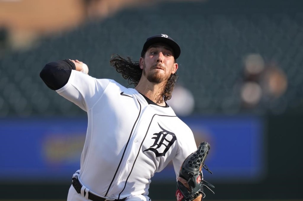 Detroit Tigers starting pitcher Michael Lorenzen throws during the first inning of a baseball game against the Kansas City Royals, Tuesday, June 20, 2023, in Detroit. (AP Photo/Carlos Osorio)