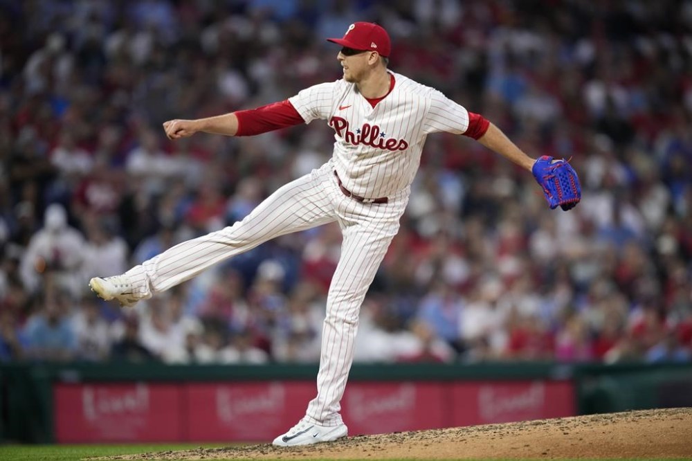 Philadelphia Phillies' Jeff Hoffman pitches during the seventh inning of a baseball game against the Atlanta Braves, Tuesday, June 20, 2023, in Philadelphia. (AP Photo/Matt Slocum)