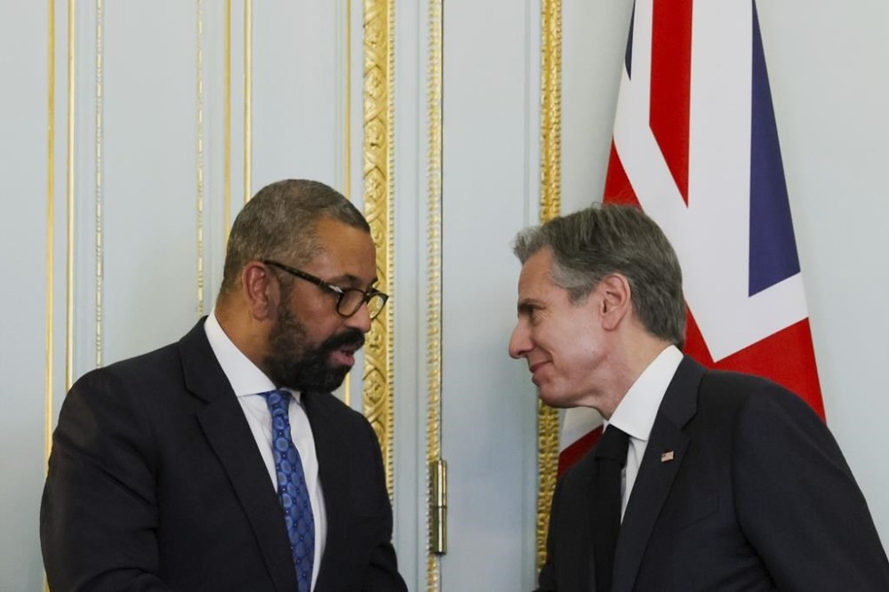 British Foreign Secretary James Cleverly, left, and U.S. Secretary of State Antony Blinken hold a joint news conference with U.S. Secretary of State Antony Blinken in London, Tuesday, June 20, 2023. (Leah Millis/Pool Photo via AP)