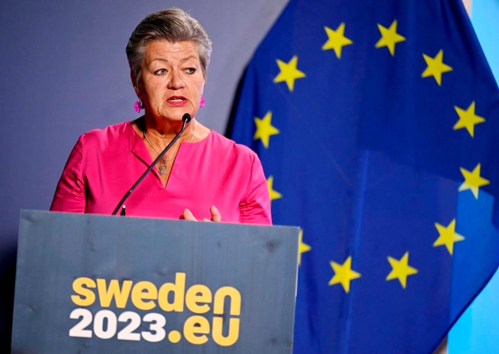EU Commisioner for Home Affairs Ylva Johansson addresses the media during a press conference in Stockholm, Sweden, Wednesday, June 21, 2023. A meeting was held with the aim of strengthening the relationship and cooperation between the EU and the US on issues of common interest relating to Justice and Home Affairs and to identify priorities for political and operational cooperation. (Pontus Lundahl/TT News Agency via AP)
