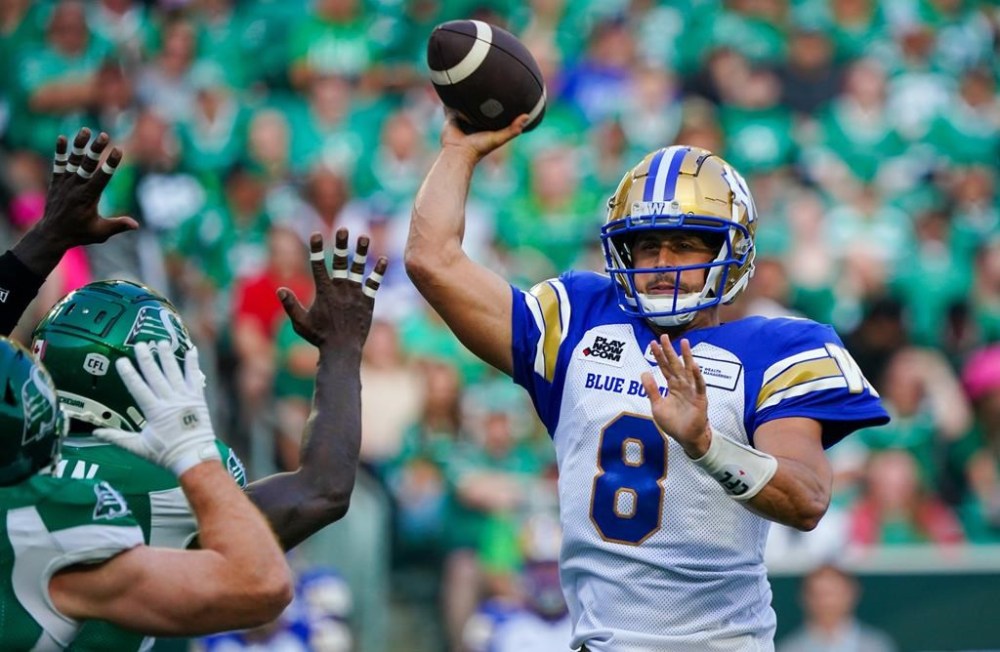 Winnipeg Blue Bombers quarterback Zach Collaros (8) throws against the Saskatchewan Roughriders during the first half of CFL football action in Regina, on Friday, June 16, 2023. It has been quite the start to the 2023 CFL season for Collaros and fellow veteran quarterback Vernon Adams Jr. THE CANADIAN PRESS/Heywood Yu