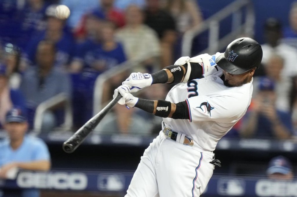 Miami Marlins' Luis Arraez flies out during the first inning of a baseball game against the Toronto Blue Jays, Wednesday, June 21, 2023, in Miami. (AP Photo/Lynne Sladky)