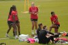 Members of Canada Women's Soccer Squad share a joke as they train in Toronto, Wednesday, June 21, 2023, before their departure to the Women's World Cup.THE CANADIAN PRESS/Chris Young