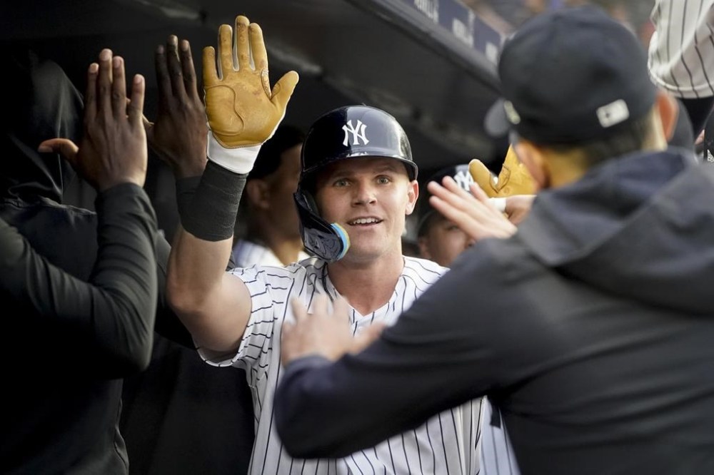 New York Yankees' Jake Bauers celebrates in the dugout after hitting a two-run home run off Seattle Mariners starting pitcher Luis Castillo in the third inning of a baseball game, Wednesday, June 21, 2023, in New York. (AP Photo/John Minchillo)