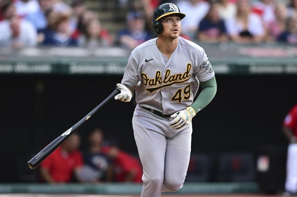 Oakland Athletics' Ryan Noda watches his three-run home run off Cleveland Guardians starting pitcher Gavin Williams during the third inning of a baseball game Wednesday, June 21, 2023, in Cleveland. (AP Photo/David Dermer)