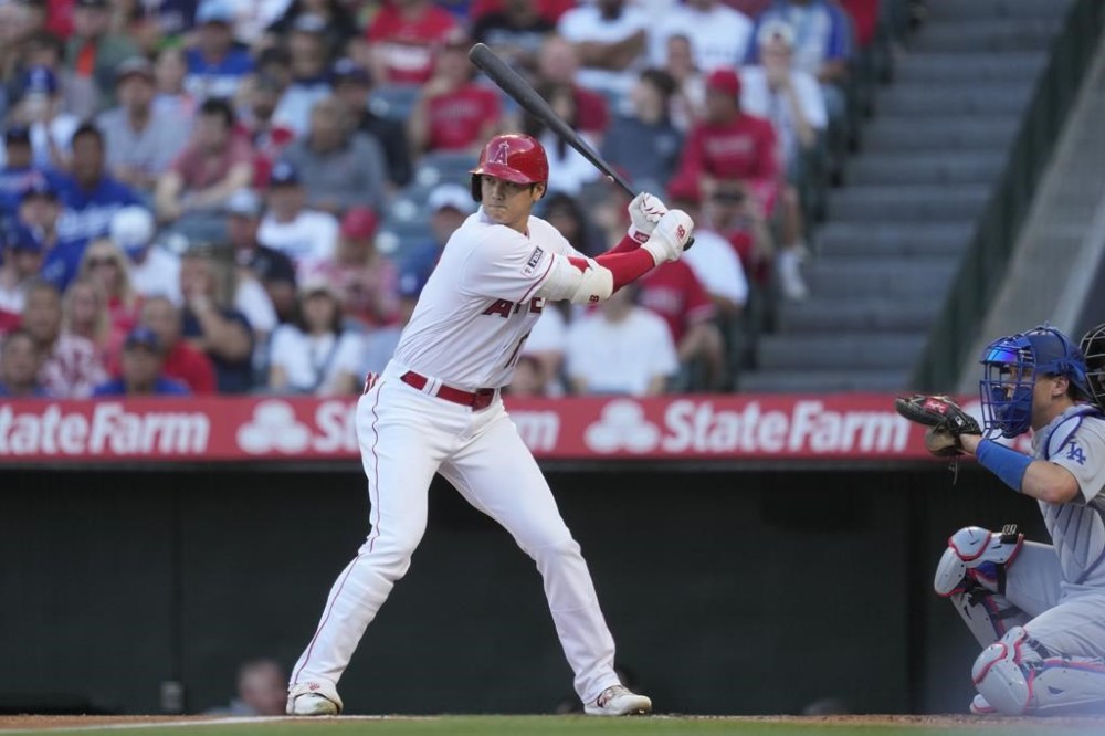 Los Angeles Angels' Shohei Ohtani (17) waits for a pitch during the first inning of a baseball game against the Los Angeles Dodgers in Anaheim, Calif., Wednesday, June 21, 2023. (AP Photo/Ashley Landis)