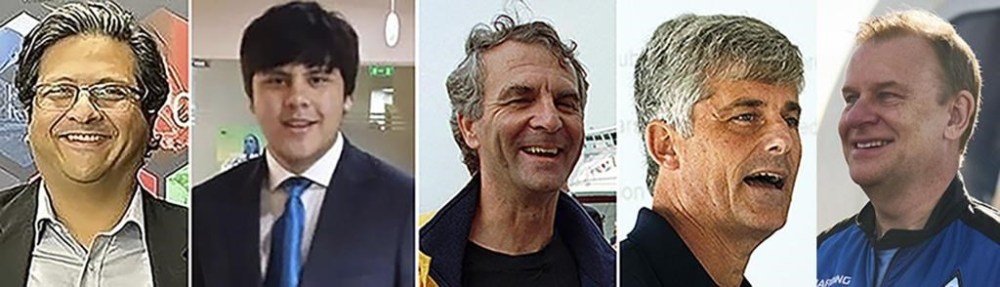 This photo combo shows from left, Shahzada Dawood, Suleman Dawood, Paul-Henry Nargeolet, Stockton Rush, and Hamish Harding, who perished after a small submersible that went missing in the Atlantic Ocean. (AP Photo/File)