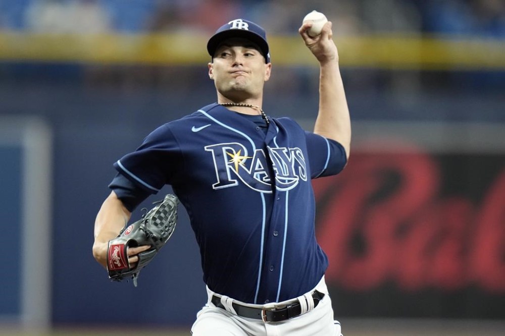 Tampa Bay Rays starting pitcher Shane McClanahan delivers to the Kansas City Royals during the first inning of a baseball game Thursday, June 22, 2023, in St. Petersburg, Fla. (AP Photo/Chris O'Meara)